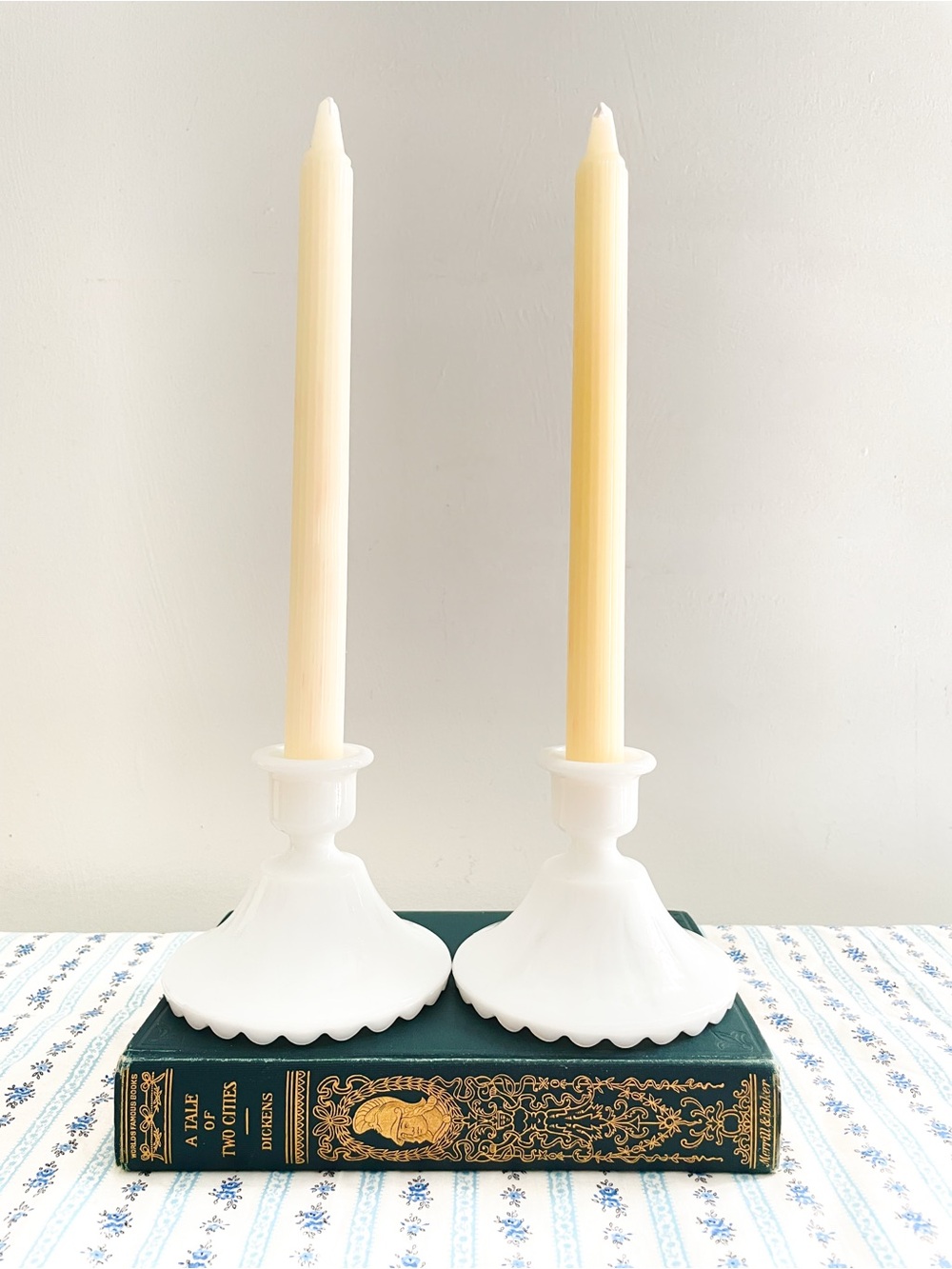 Vintage White Milk Glass Taper Candle Holders Pair - Scalloped Pie Crust Base